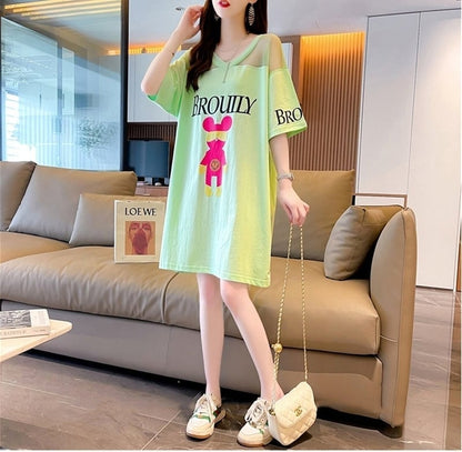 売り切れ必至 セクシー Vネック 切り替え チュール プリントTシャツ ゆったりワンピース ins-3050