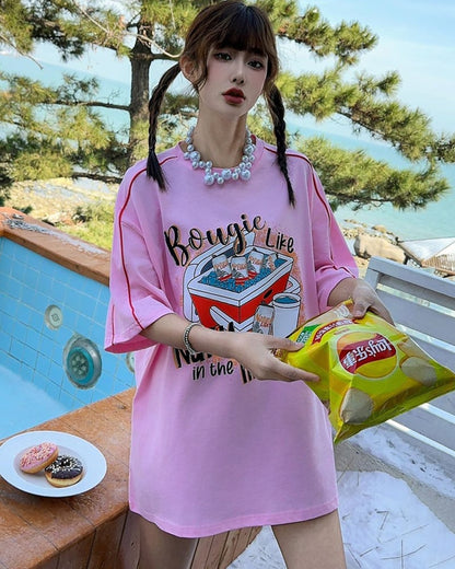 着せ ビッグロゴ ゆったり ロングTシャツ 半袖 ワンピースins-4859