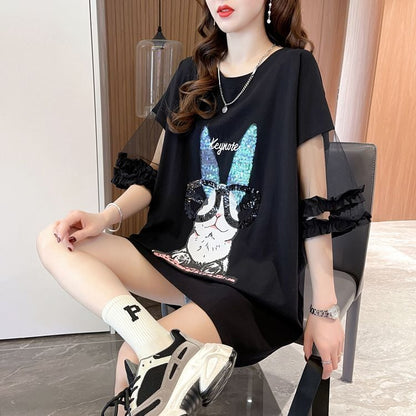 着回し力抜群 新作 チュール 切り替え ピンク プリント スパンコール プリント全3色 半袖Tシャツ カットソー ins-8557