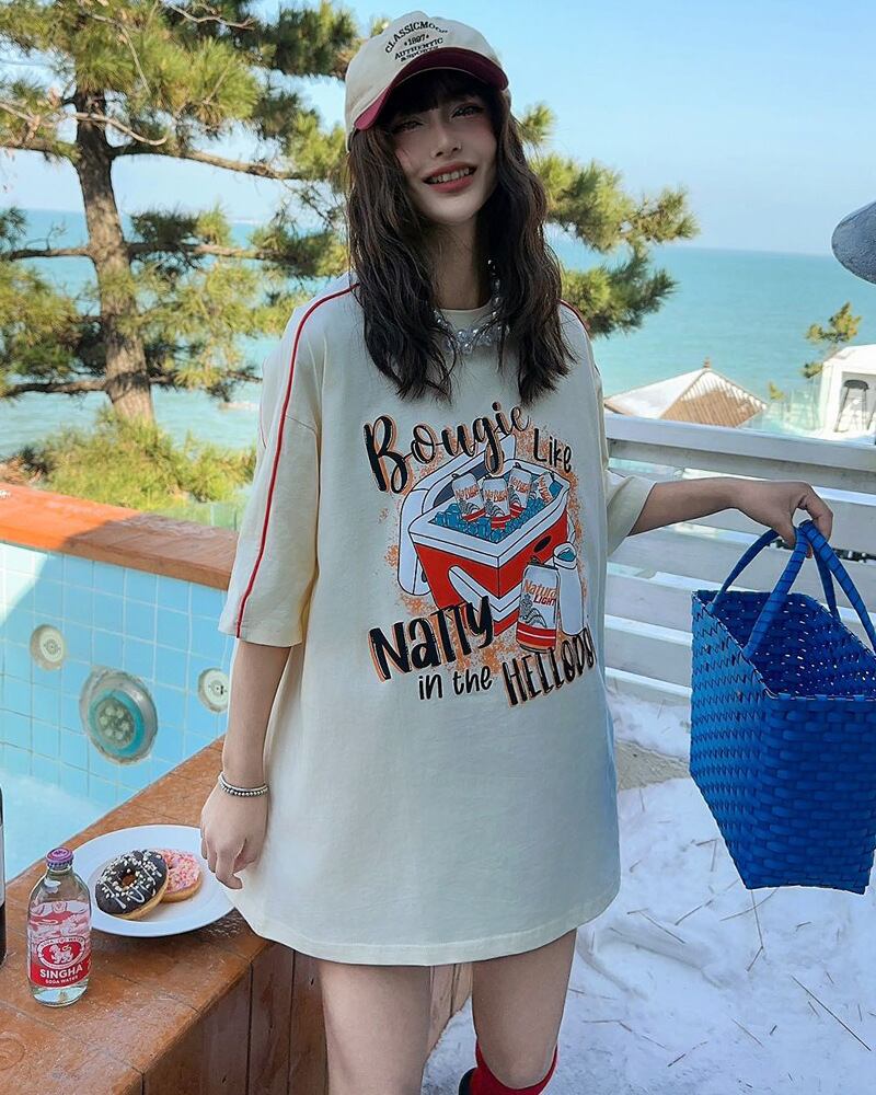 着せ ビッグロゴ ゆったり ロングTシャツ 半袖 ワンピースins-4859