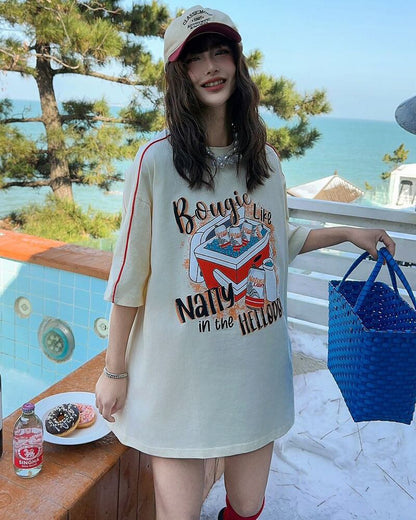 着せ ビッグロゴ ゆったり ロングTシャツ 半袖 ワンピースins-4859