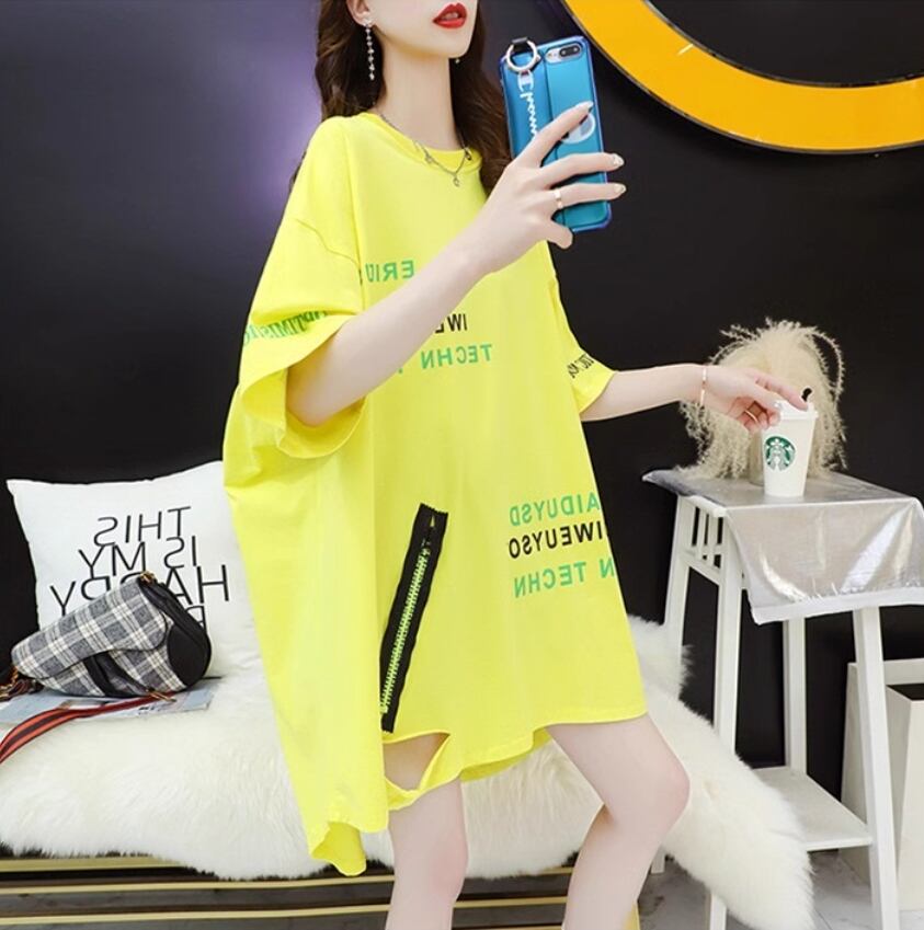 超人気 ゆったりロング丈 ダメージ加工 三色半袖Tシャツins-8107