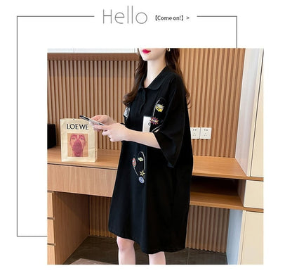 POLOネック ストライプ柄 切り替え ロング Tシャツ ゆったりワンピース ins-3031