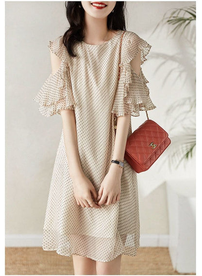 大好評 エレガント シフォン ドット柄 半袖ワンピースins-8419