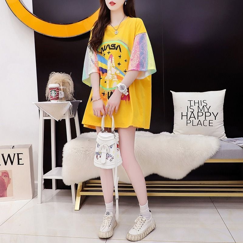 新作 切り替え プリント ピンク プリント スパンコール  全3色 半袖Tシャツins-8165