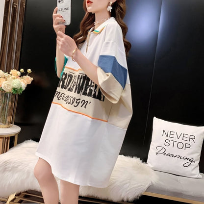 韓国系 POLOネック 切り替え ファスナー ロング Tシャツ 二色 ゆったりワンピース ins-3015