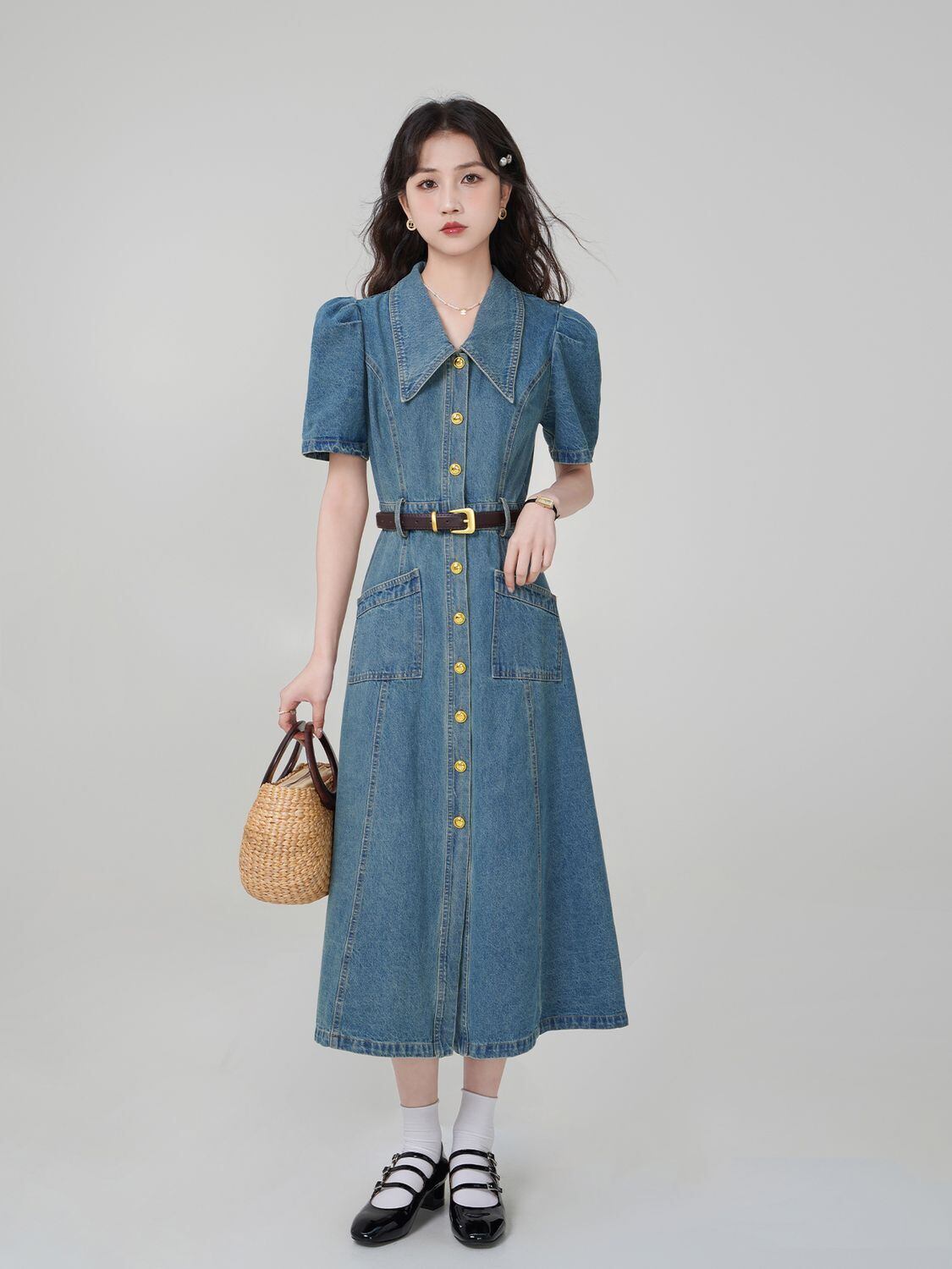 話題沸騰中 ファッション ブッファンスリーブ デニム ワンピースins-8254