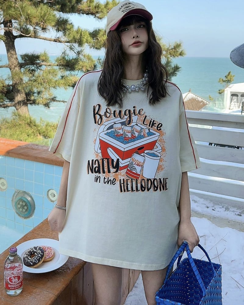 着せ ビッグロゴ ゆったり ロングTシャツ 半袖 ワンピースins-4859