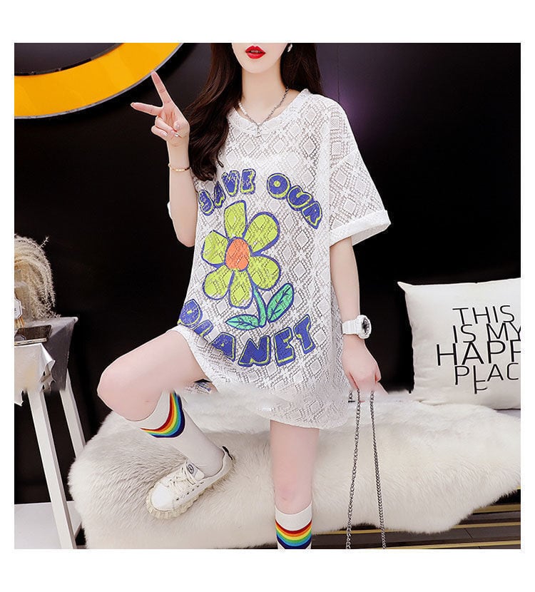 【半額！期間限定！！】新商品 一目惚れ 切り替え 透かし彫り プリント Tシャツ カットソーins-8523