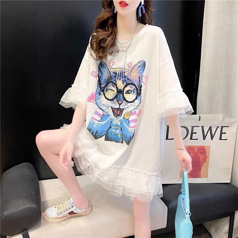 話題沸騰中 キュート ゆったり ロング丈 切り替え 2色半袖Tシャツins-8133