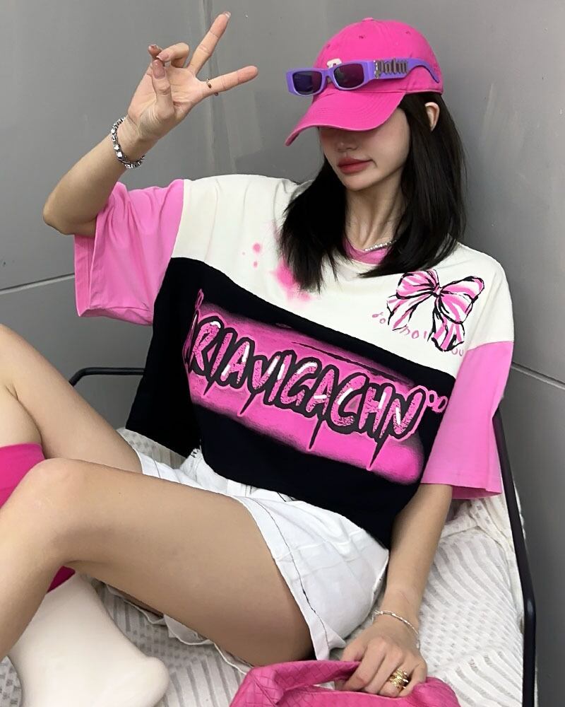 着回し力抜群 韓国系 切り替え三色 ゆったり半袖Tシャツ ins-8455