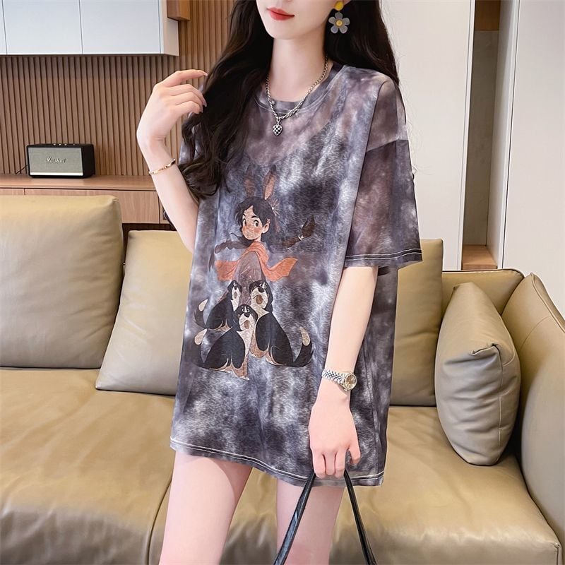 着回し力抜群 アバンギャルド 絞り染め プリント 3色選択 半袖Tシャツins-8575