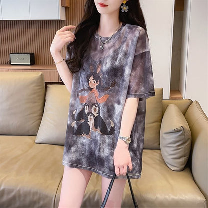 着回し力抜群 アバンギャルド 絞り染め プリント 3色選択 半袖Tシャツins-8575