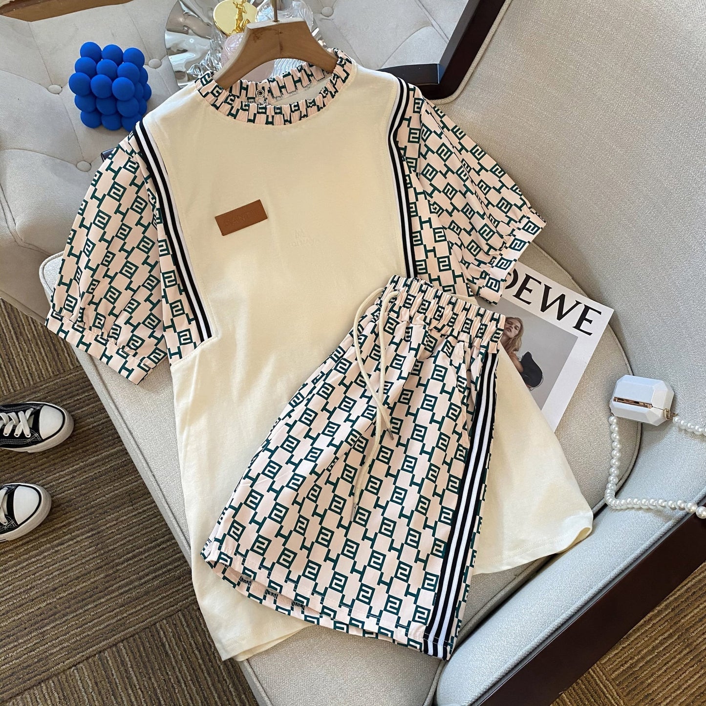 デザイン感 清涼感たっぷり 切り替え ブラウス＋ショートパンツ セットアップins-3370