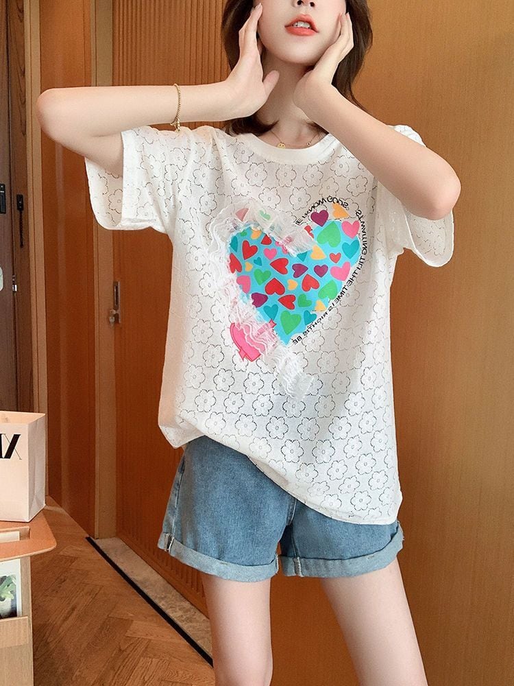 新商品 キュート 透かし彫り ゆったり 半袖Tシャツins-8422