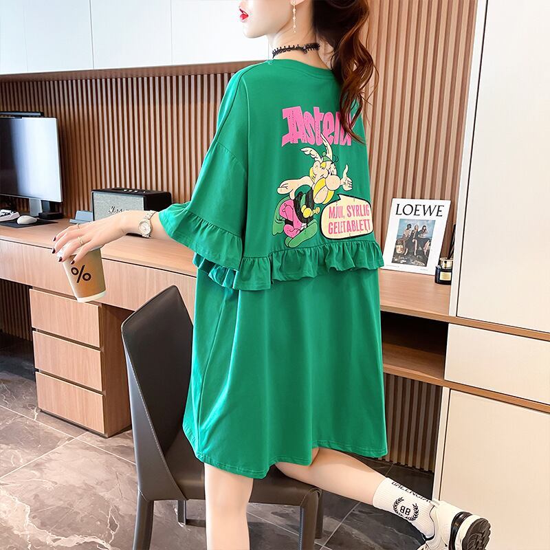 【半額！期間限定！！】合わせやすい フリル 切り替え プリント Tシャツ ゆったりワンピースins-3008