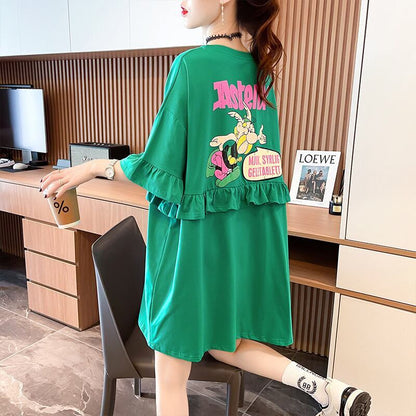 【半額！期間限定！！】合わせやすい フリル 切り替え プリント Tシャツ ゆったりワンピースins-3008