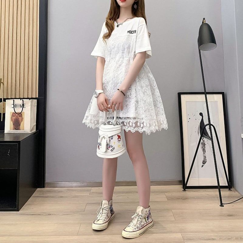 女子マスト レース 切り替え ゆったり 着せ ハイウエスト 半袖 ワンピース　ins-2019