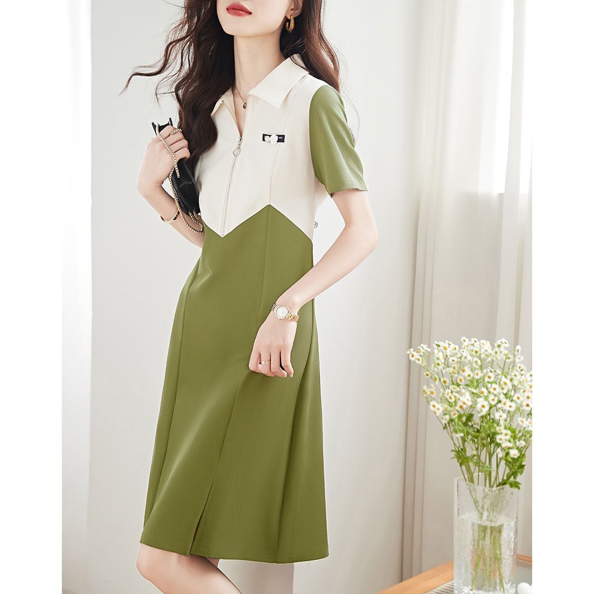 超人気 カジュアル ファッション 切り替え 半袖ワンピースins-8446