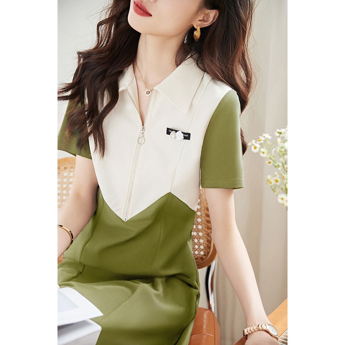 超人気 カジュアル ファッション 切り替え 半袖ワンピースins-8446