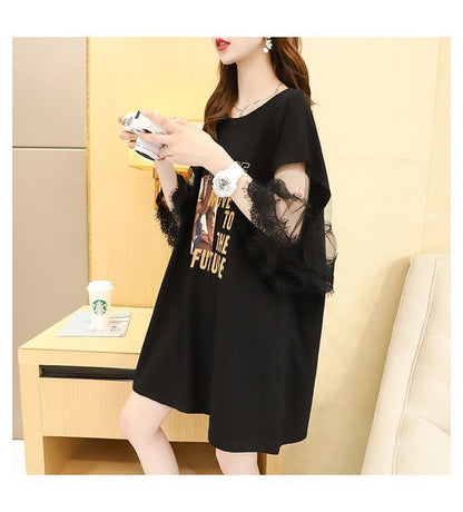着回し力抜群 超人気 レース 透かし彫り 切り替え プリント全2色 半袖Tシャツ カットソー ins-8596