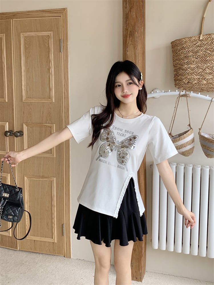 絶対欲しい 超人気 キュート ピンク プリント スパンコール 3色選択 半袖Tシャツins-8570