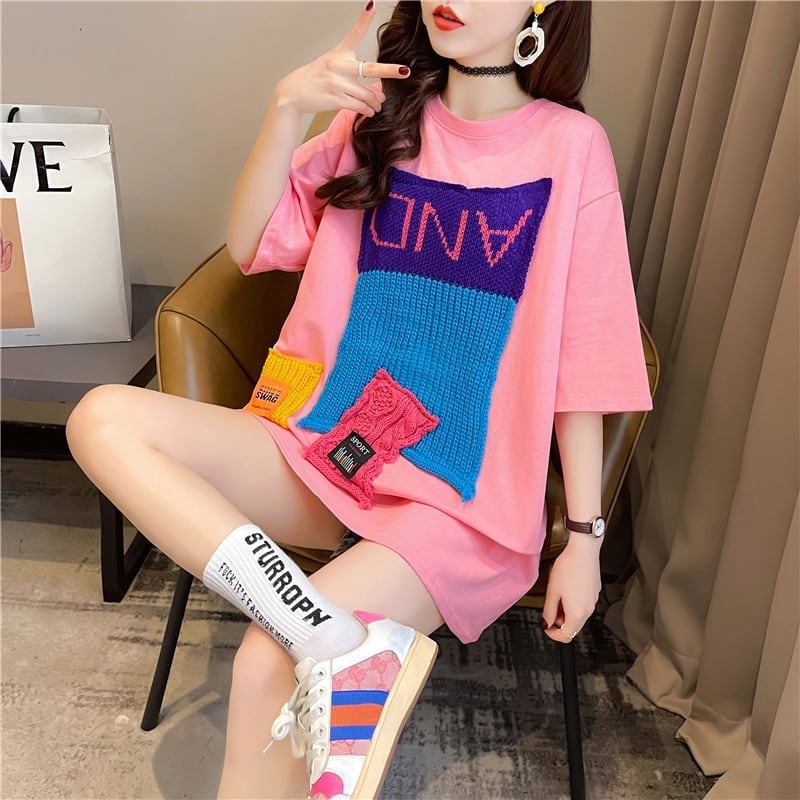【半額！期間限定！！】ゆったりロング丈切り替え三色半袖Tシャツins-1565