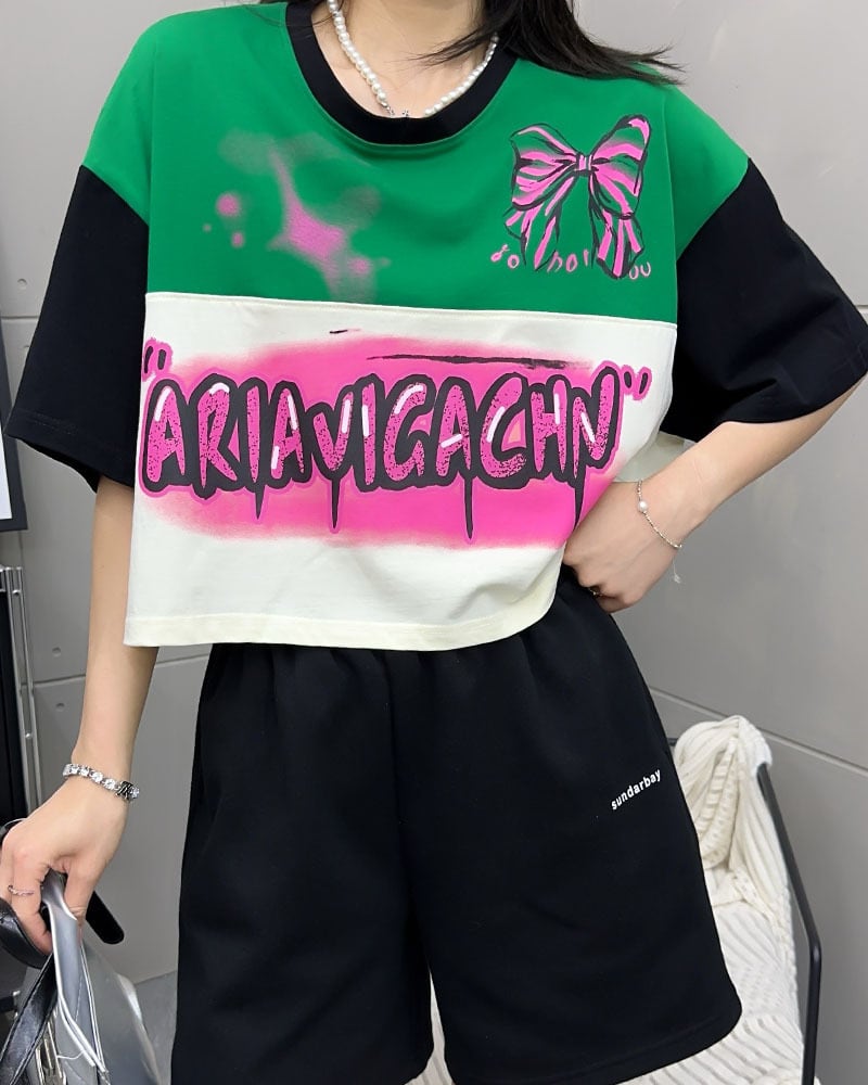 着回し力抜群 韓国系 切り替え三色 ゆったり半袖Tシャツ ins-8455