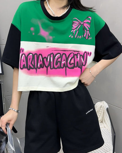着回し力抜群 韓国系 切り替え三色 ゆったり半袖Tシャツ ins-8455