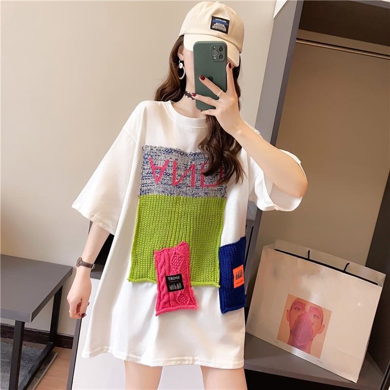 【半額！期間限定！！】ゆったりロング丈切り替え三色半袖Tシャツins-1565