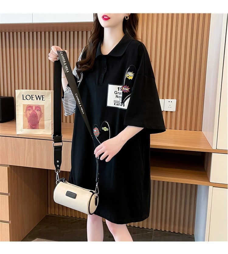 POLOネック ストライプ柄 切り替え ロング Tシャツ ゆったりワンピース ins-3031