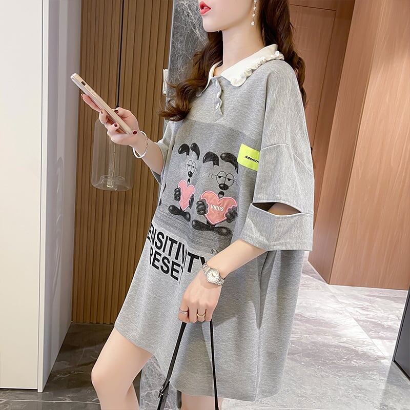 夏新作 POLOネック アルファベットプリント ロング Tシャツ ゆったりワンピース ins-3038