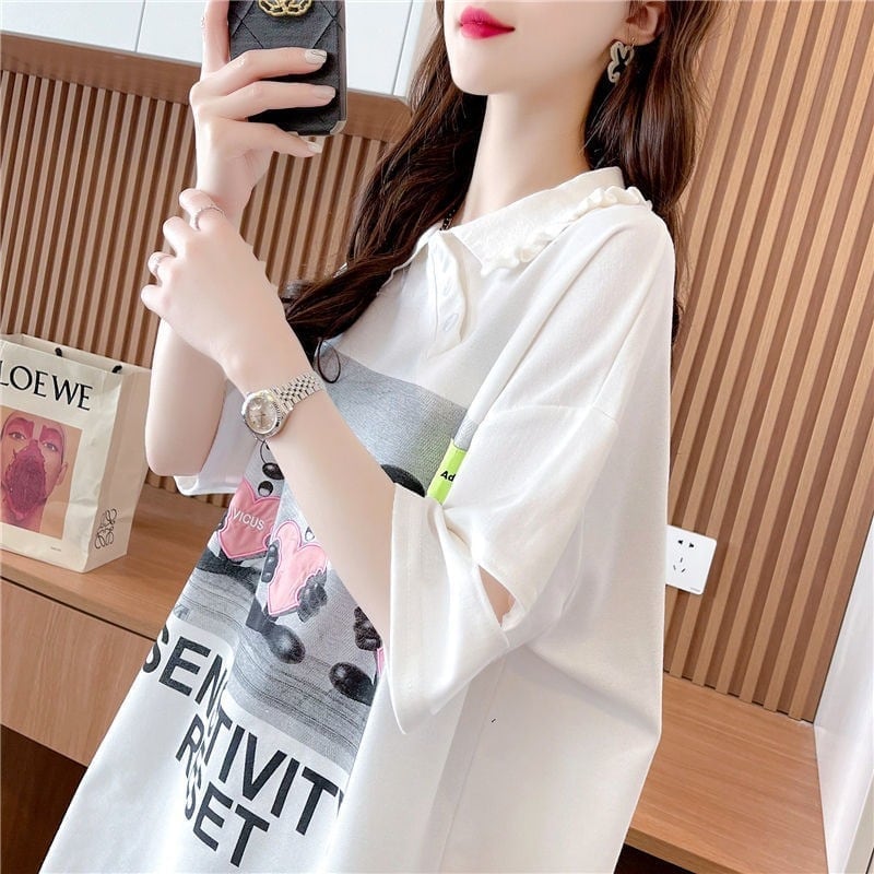 夏新作 POLOネック アルファベットプリント ロング Tシャツ ゆったりワンピース ins-3038