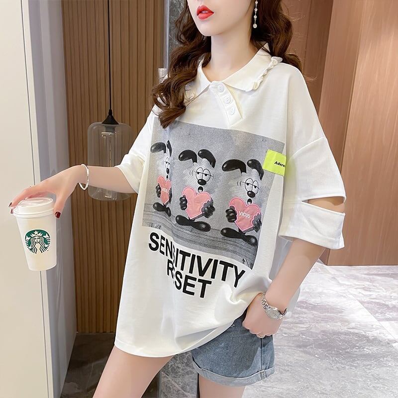 夏新作 POLOネック アルファベットプリント ロング Tシャツ ゆったりワンピース ins-3038