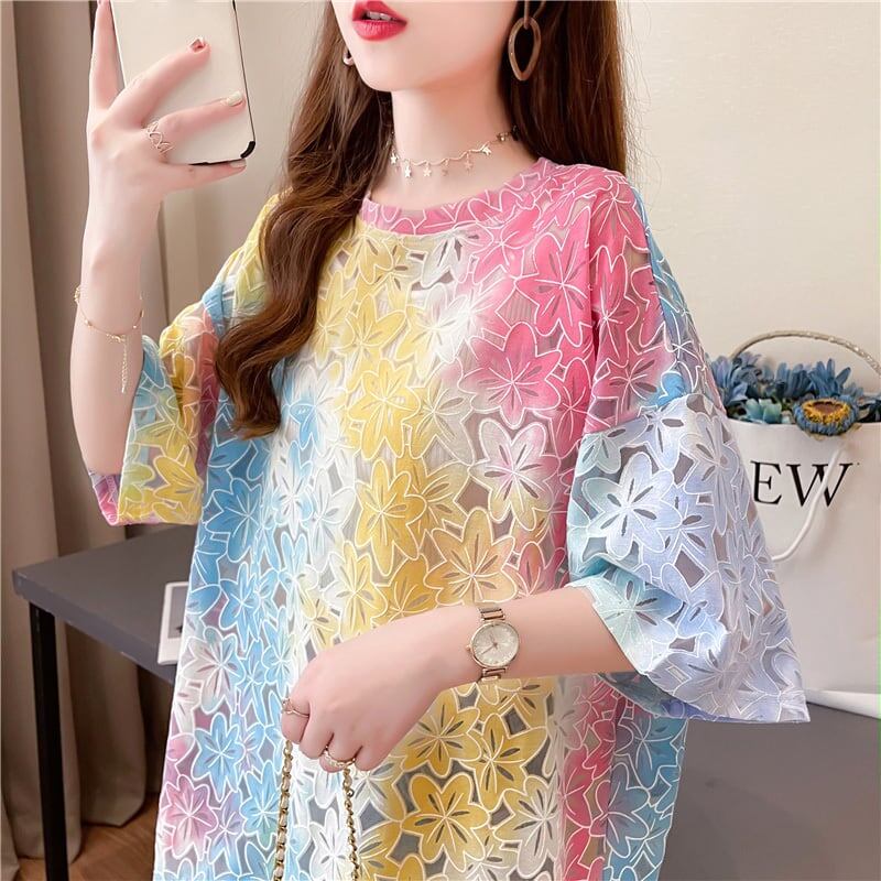 オシャレ度満点 スタイリッシュ ラウンドネック 透かし彫り Tシャツ カットソーins-2957