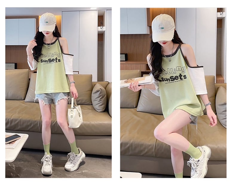 話題沸騰中  ロゴ プリント 肩だし 肌見せ 肩開き ゆったり 3色半袖Tシャツins-8212