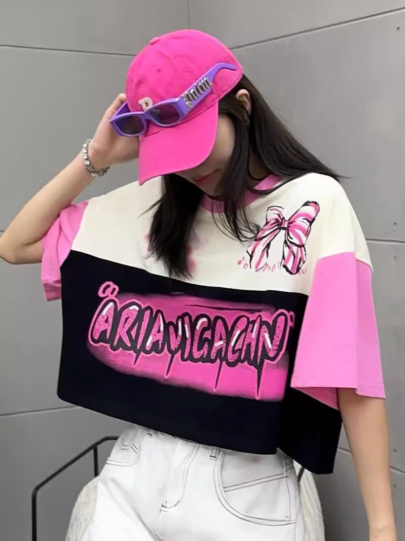 着回し力抜群 韓国系 切り替え三色 ゆったり半袖Tシャツ ins-8455