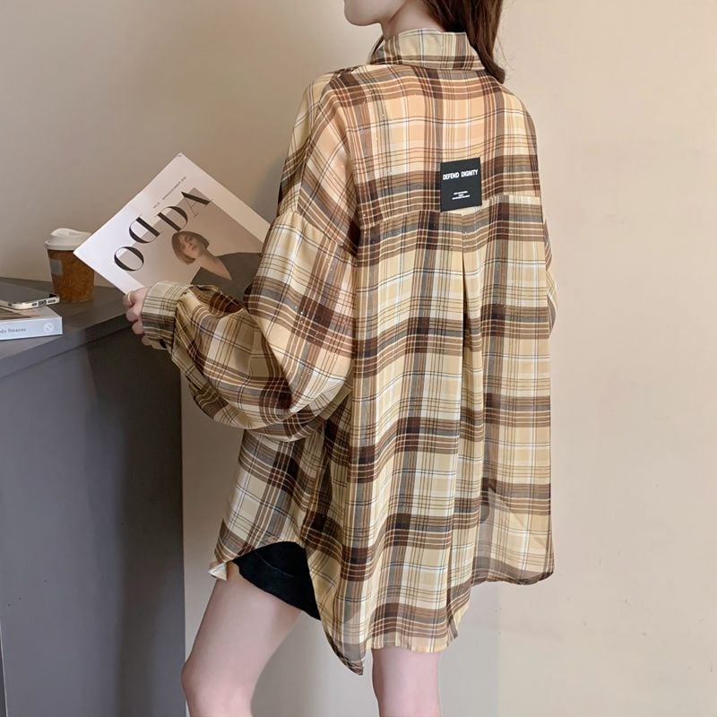 定番シンプル チェック柄 透け感 日焼け対策 全3色 シャツ ins-8544