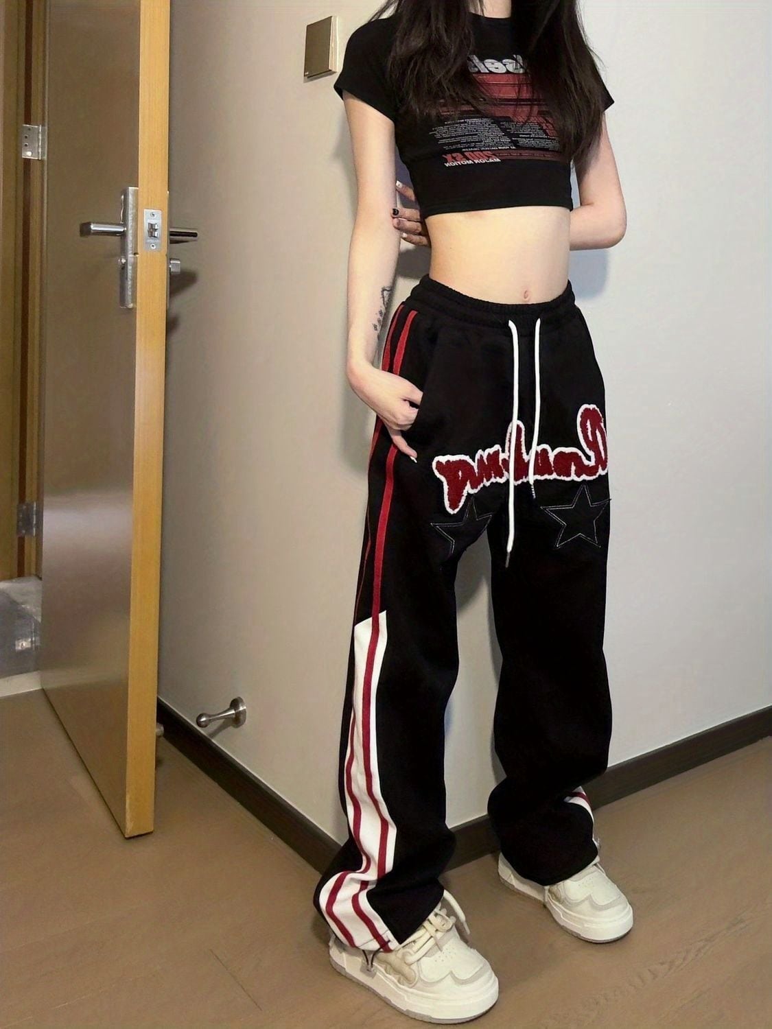 絶対欲しい アバンギャルド ストライプ 柄 切り替え 男女兼用 パンツ ins-4991