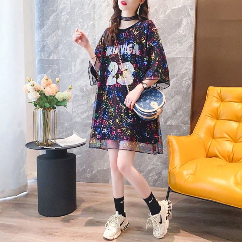 新作 レイヤード風 チュール ロゴ プリント ゆったり 半袖 Ｔシャツ 全2色ins-4967