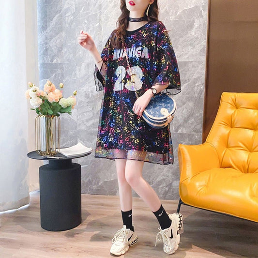 新作 レイヤード風 チュール ロゴ プリント ゆったり 半袖 Ｔシャツ 全2色ins-4967