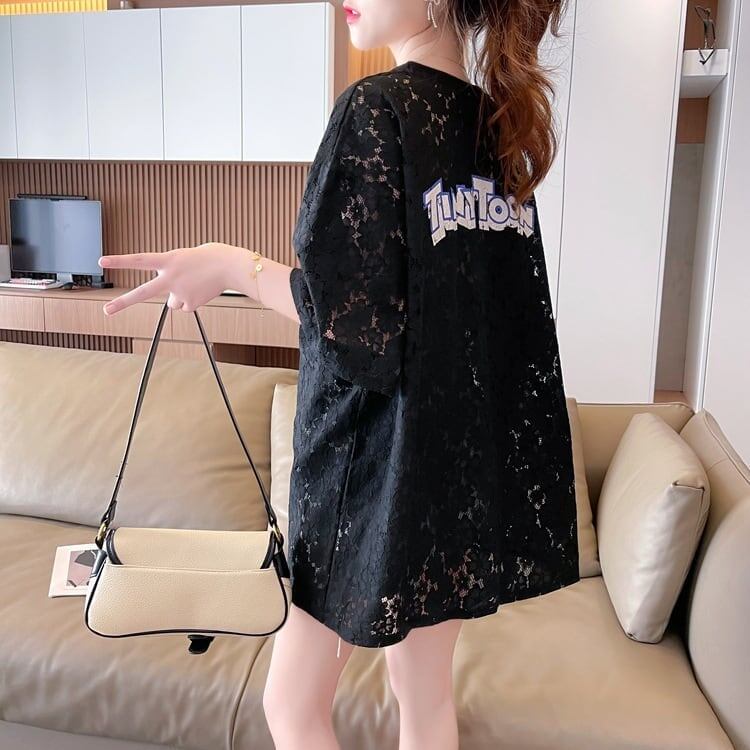 ハイエンドデザインセンスレース中空ルーズミドル丈半袖Tシャツins-3035