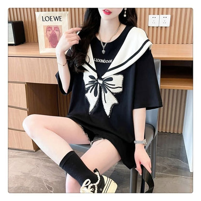 夏新作 キュート レイヤード風 プリントTシャツ 2色 ゆったり半袖ins-8226