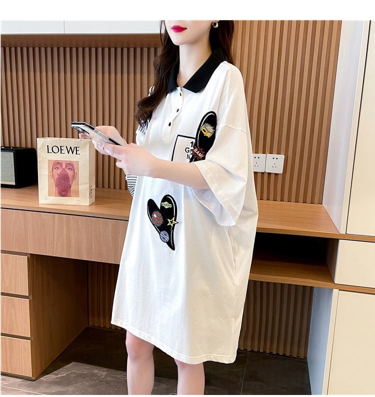 POLOネック ストライプ柄 切り替え ロング Tシャツ ゆったりワンピース ins-3031
