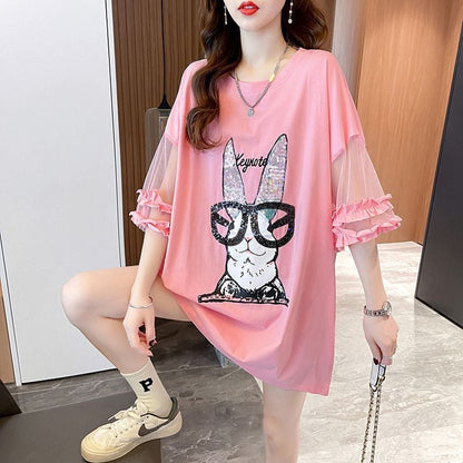 着回し力抜群 新作 チュール 切り替え ピンク プリント スパンコール プリント全3色 半袖Tシャツ カットソー ins-8557