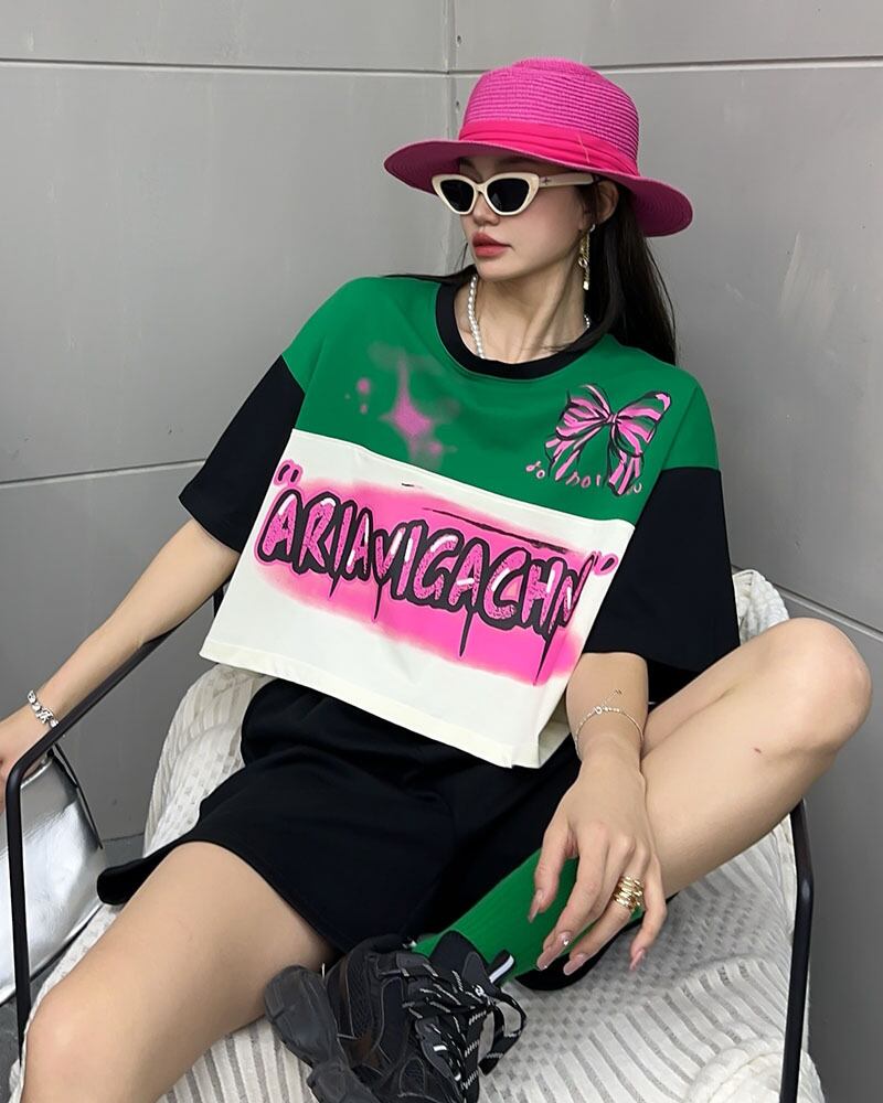 着回し力抜群 韓国系 切り替え三色 ゆったり半袖Tシャツ ins-8455