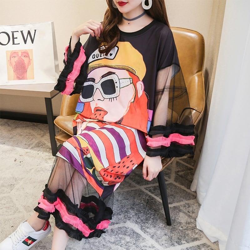 【ランキング上位】プリント お洒落 可愛い 着心地良い ロングTシャツワンピース　　ins-887