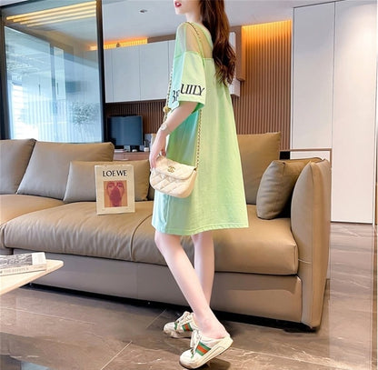 売り切れ必至 セクシー Vネック 切り替え チュール プリントTシャツ ゆったりワンピース ins-3050