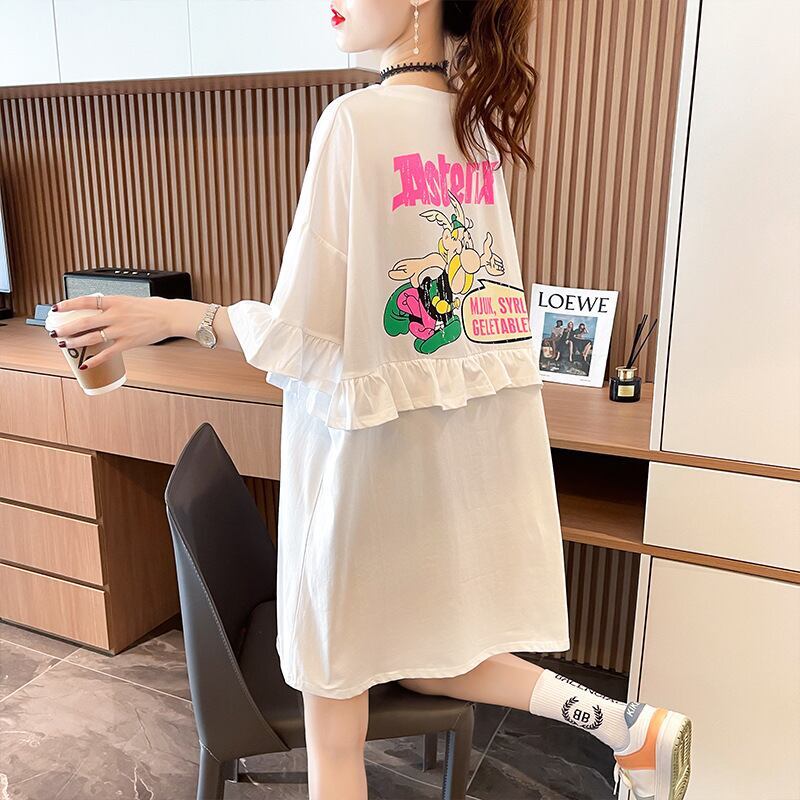 【半額！期間限定！！】合わせやすい フリル 切り替え プリント Tシャツ ゆったりワンピースins-3008