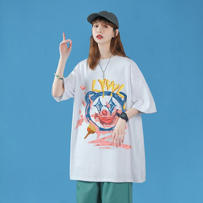 話題沸騰中 カジュアル  ゆったり プリント 2色半袖Tシャツins-8159